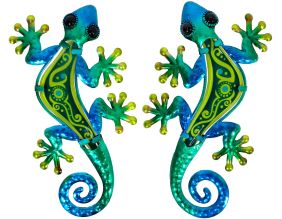 Gecko décoratif en métal et verre vert et bleu Cercle (Lot de 2)