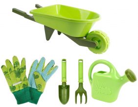 Kit petit jardinier accessoires pour enfant en plastique (Gants + petits outils + arrosoir + brouette)