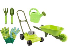 Kit petit jardinier accessoires pour enfant en plastique (Gants + petits outils + arrosoir + tondeuse + brouette)