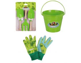 Kit petit jardinier accessoires pour enfant en métal (Seau + gants + petits outils)