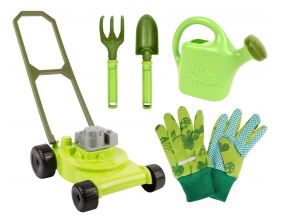 Kit petit jardinier accessoires pour enfant en plastique (Gants + petits outils + arrosoir + tondeuse)