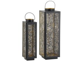 Lanternes en métal laqué noir carrée motif feuilles (Lot de 2)