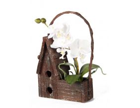 Maison en bois avec orchidées artificielles