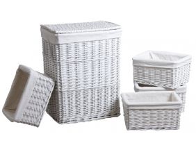 Panier à linge avec 4 corbeilles en osier laqué blanc (Lot de 5)
