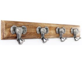 Patère 4 crochets en bois de manguier et fer Eléphants (Argenté)