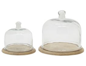 Cloches en verre + plateaux en manguier (lot de 2)