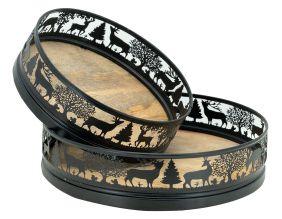 Plateaux ronds en métal et bois Cerf (lot de 2)