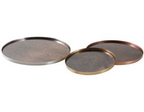 Plateaux ronds en métal patiné et verre (Lot de 3)