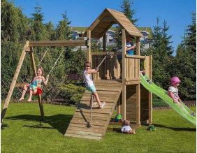 Plateforme de jeux en bois Carol (Tour + toboggan + balançoire + rampe)