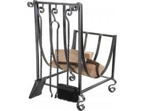 Porte-bûches en fer forgé et 3 accessoires