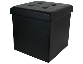 Pouf coffre pliable PU assise capitonnée (Noir)