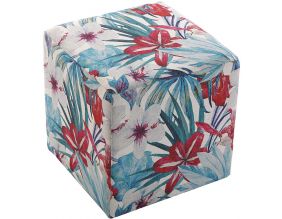 Pouf salon carré en tissu motifs végétaux Flores (Bleu - rouge)