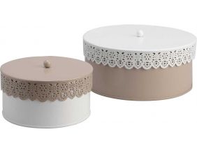 Set 2 boites motif dentelles blanc/taupe