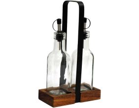 Set 2 bouteilles pour huile support en acacia