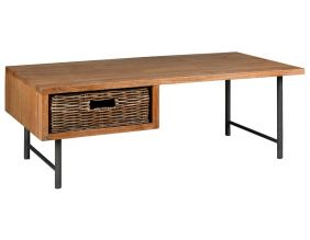 Table basse en bois, métal et rotin