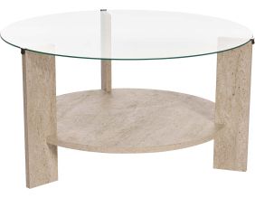 Table basse ronde en verre Clara (Travertine, verre transparent)