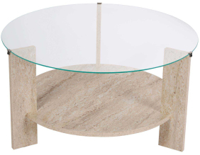 Table basse ronde en verre Clara (Travertine, verre transparent)