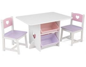 Table, chaises et bac rangement enfant en bois (Coeur)