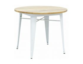 Table ronde industrielle en métal blanc et bois d'orme huilé