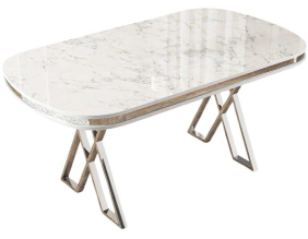 Table de repas ovale pieds en croix Zae (Blanc marbré et Chrome)