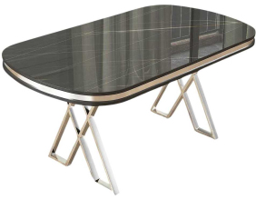 Table de repas ovale pieds en croix Zae (Noir marbré et Chrome)
