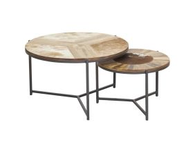 Tables rondes en bois, métal et peau de vache (lot de 2)