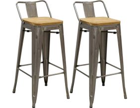 Tabouret de bar en métal laqué et bois d'orme huilé (Lot de 2) (Acier brossé)