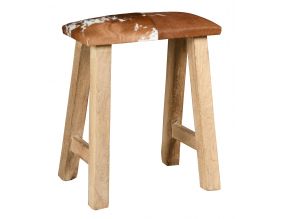 Tabouret rectangle en bois recyclé et peau de vache
