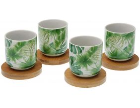 Tasse en porcelaine avec support en bambou Hojas (Lot de 4)