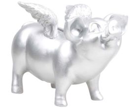 Tirelire cochon avec ailes en résine 14 x 25 x 15 cm (Argent)