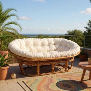 Canapé Papasan 2 places en rotin avec coussin