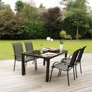 Salon de jardin en aluminium et verre trempé Black Edition (Table et 6 fauteuils)