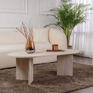 Table basse ovale en aggloméré Sable (Marbré Travertine)