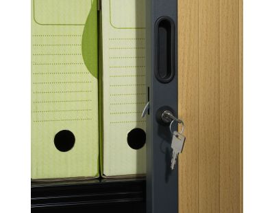 Armoire de bureau portes à rideaux 2 étagères (Anthracite, Merisier)
