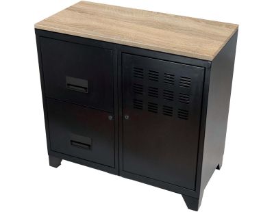 Armoire 1 porte et 2 grands tiroirs en acier avec plateau bois (Noir mat)