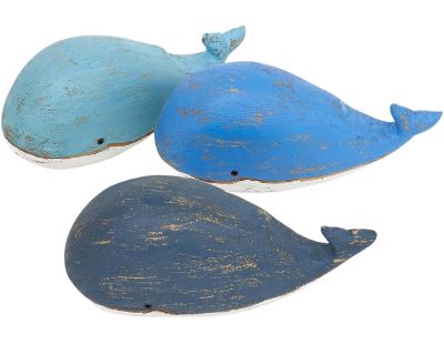 Baleines en bois blanc et bleu effet vieilli (Lot de 3)