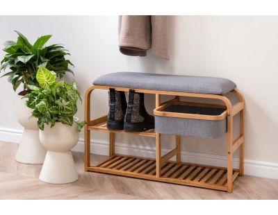 Banc en bambou avec étagères et panier de rangement Dure