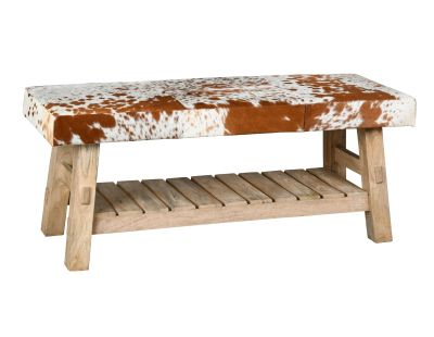 Banc avec étagère en bois recyclé et peau de vache