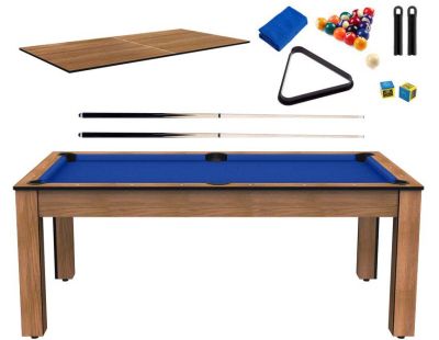 Billard convertible table 8 personnes Arizona + plateau dinatoire + pack d'accessoires (Hêtre boisé et bleu (tapis))