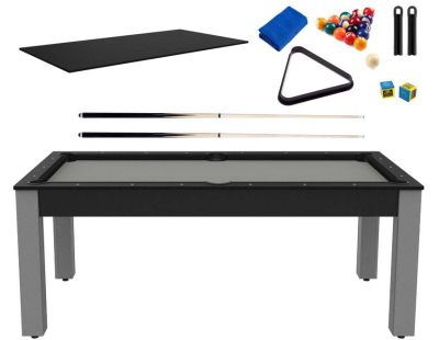 Billard convertible table 8 personnes Arizona + plateau dinatoire + pack d'accessoires (Noir grainé et gris (tapis))