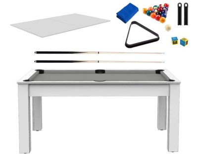 Billard convertible table 6 personnes Texas + plateaux dinatoires + pack accessoires Confort (Blanc laqué et gris (tapis))