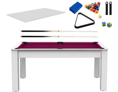 Billard convertible table 6 personnes Texas + plateaux dinatoires + pack accessoires Confort (Blanc laqué et prune (tapis))