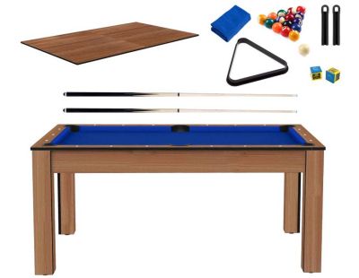 Billard convertible table 6 personnes Texas + plateaux dinatoires + pack accessoires Confort (Hêtre boisé et bleu (tapis))