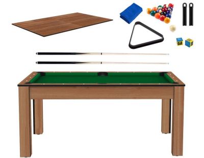 Billard convertible table 6 personnes Texas + plateaux dinatoires + pack accessoires Confort (Hêtre boisé et vert (tapis))