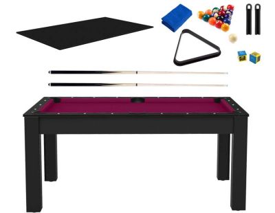 Billard convertible table 6 personnes Texas + plateaux dinatoires + pack accessoires Confort (Noir grainé et prune (tapis))