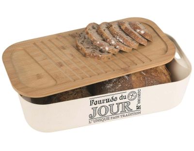 Boite à pain couvercle en bambou Fournée du jour (Blanc crème)