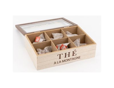 Boîte à thé en bois naturel avec décor montagne et couvercle en verre