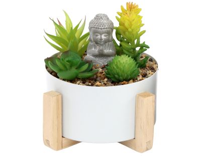 Bouddha avec plantes succulentes 16 x 14 cm (Blanc)