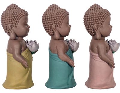 Bouddhas colorés avec fleur de lotus en résine (Lot de 3)