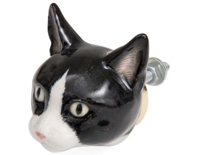 Bouton de porte animal en porcelaine (Tête de chat noir et blanc)